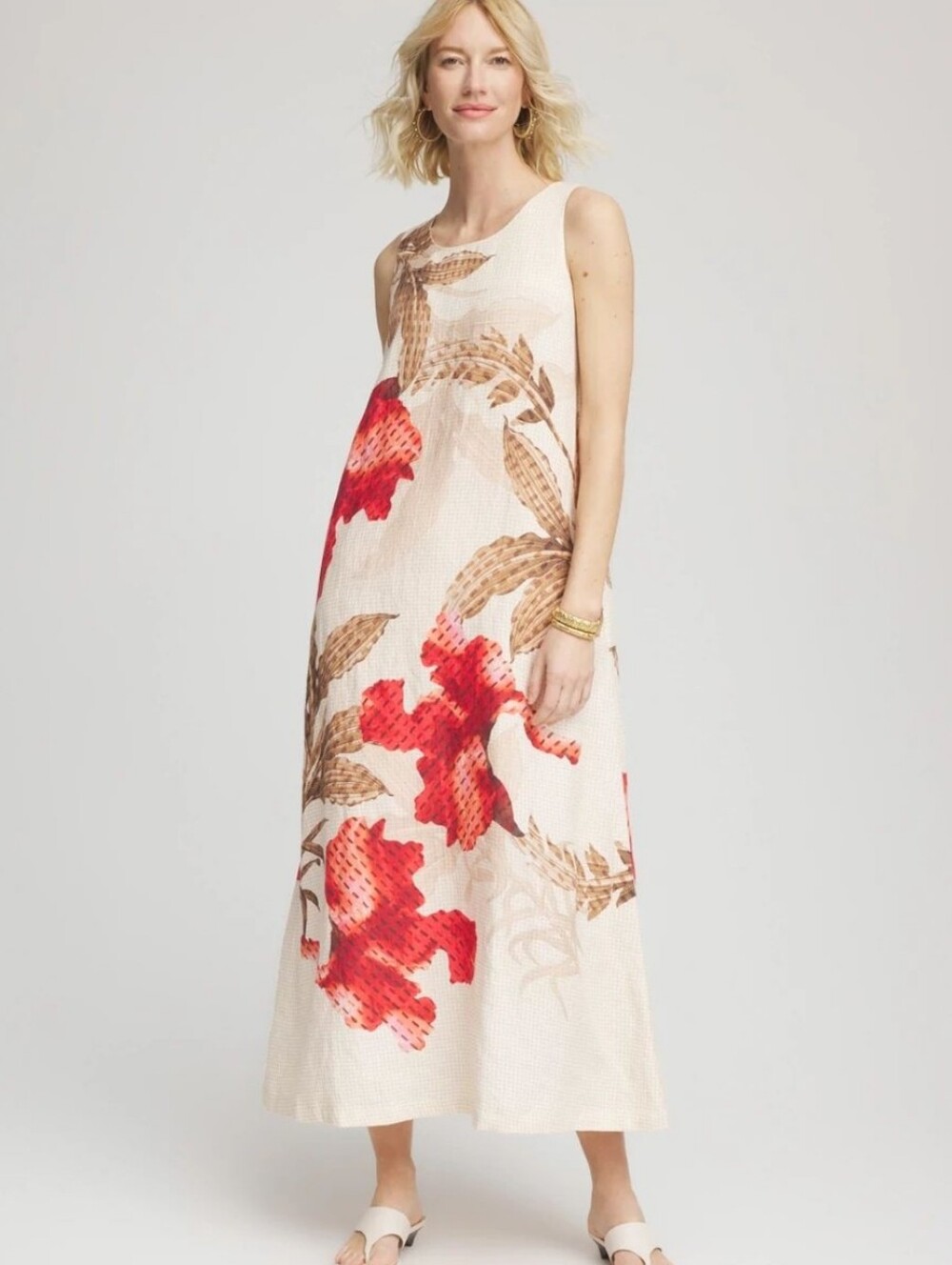 Chico's Floral Tank Linen Maxi Dress Red Ivory Sleeveless Size 1.5 Medium / 10